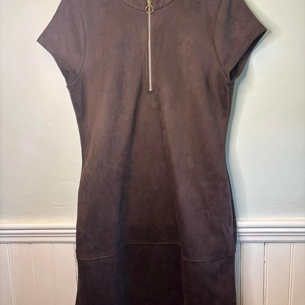 Andrew Marc Faux Suede Dress Brown Zip Front Short Sleeve Size 8